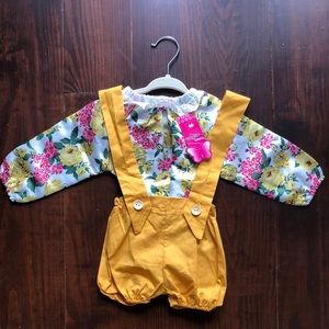 6-9m yellow jumper with floral onsie, lace neckline, New With Tags